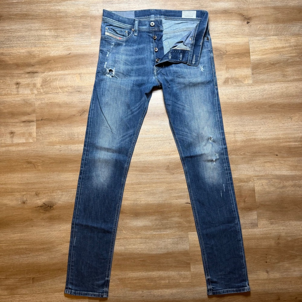 Diesel Tepphar Jeans Mens 29x32 Blue Slim Carrot Stretch Denim Distressed 0833F